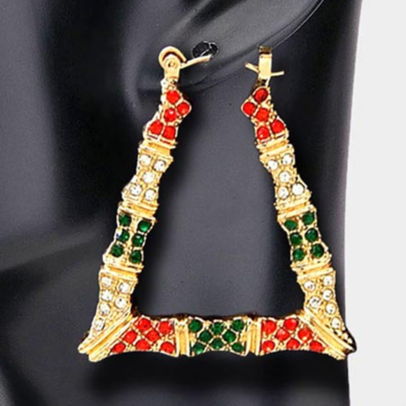 MultiColored Bamboo Door Knocker Earrings Trendy Crystal Rhinestone Hoop Jewelry - Picture 2 of 5